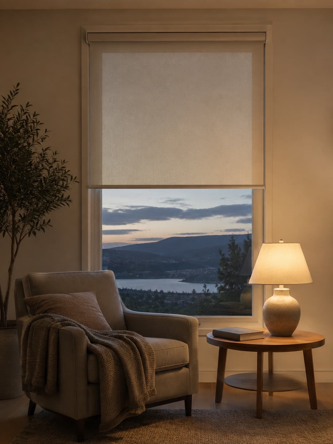 Evening light through custom blinds in an Okanagan home