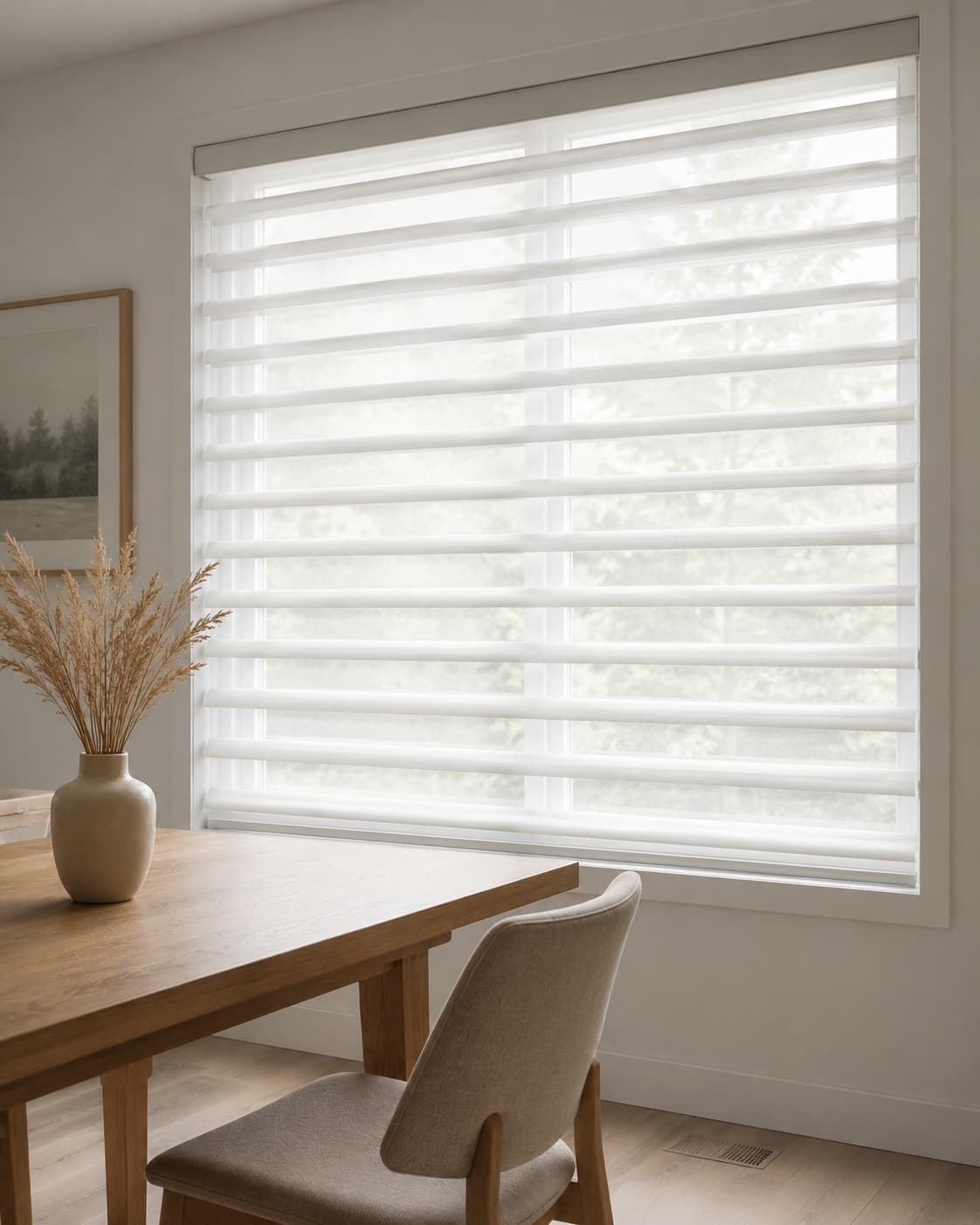 Dining room corner with sheer horizontal shades diffusing daylight