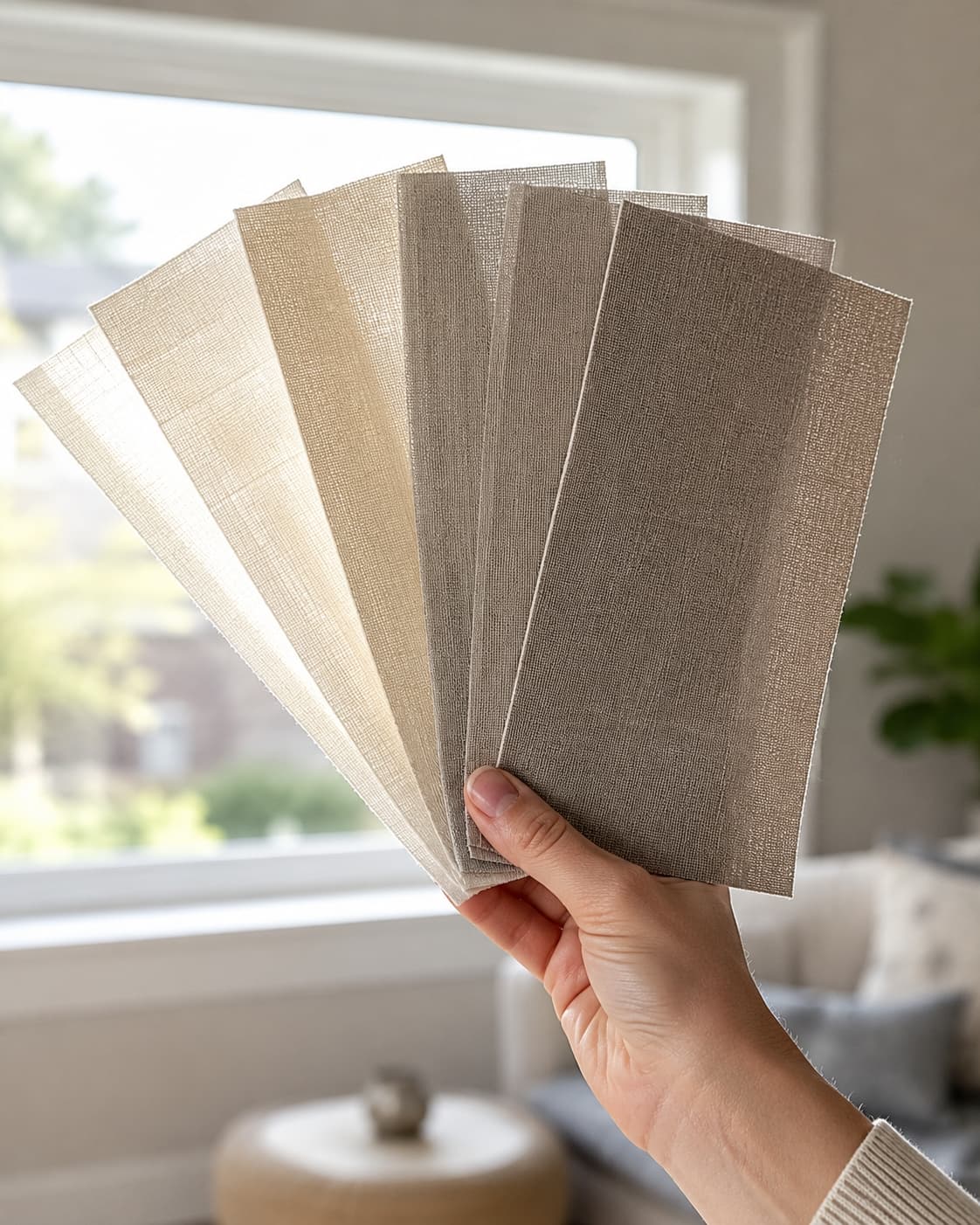 Fabric samples held up against a window during an in-home consultation