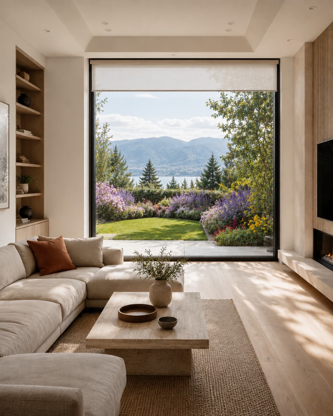 Modern living room with roller shades lowered to two-thirds height