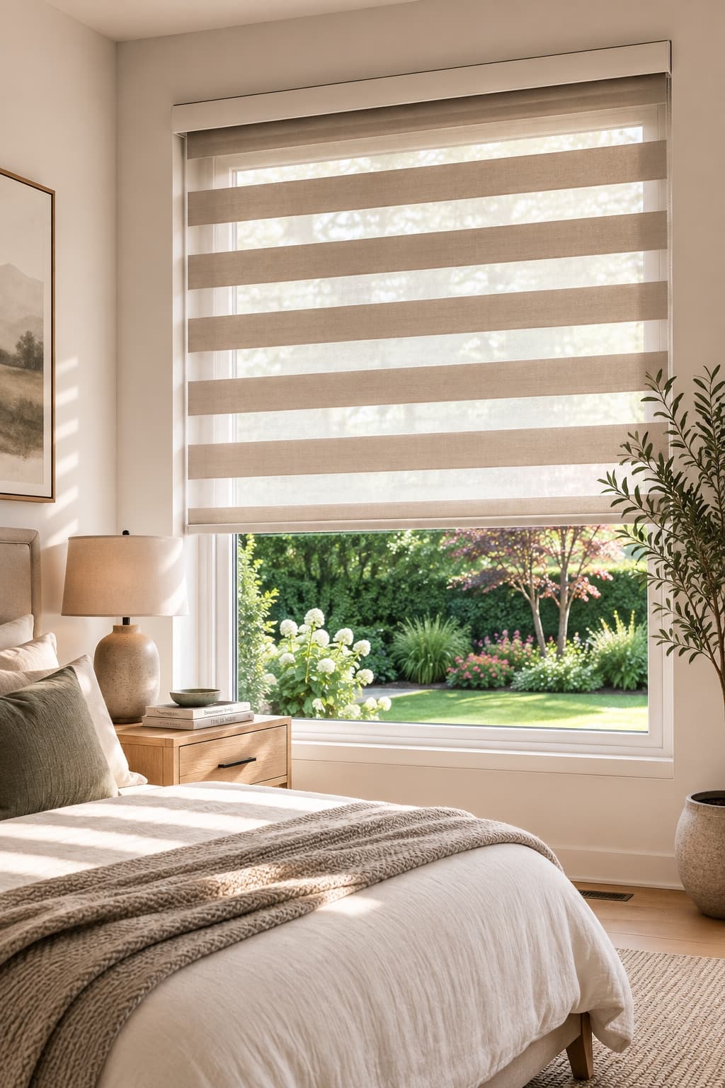Zebra blinds filtering light in a bright bedroom