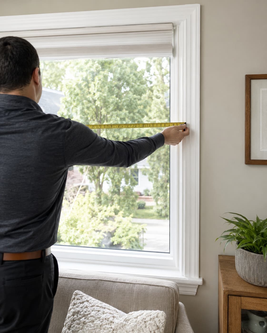 Consultant measuring a window during an in-home visit