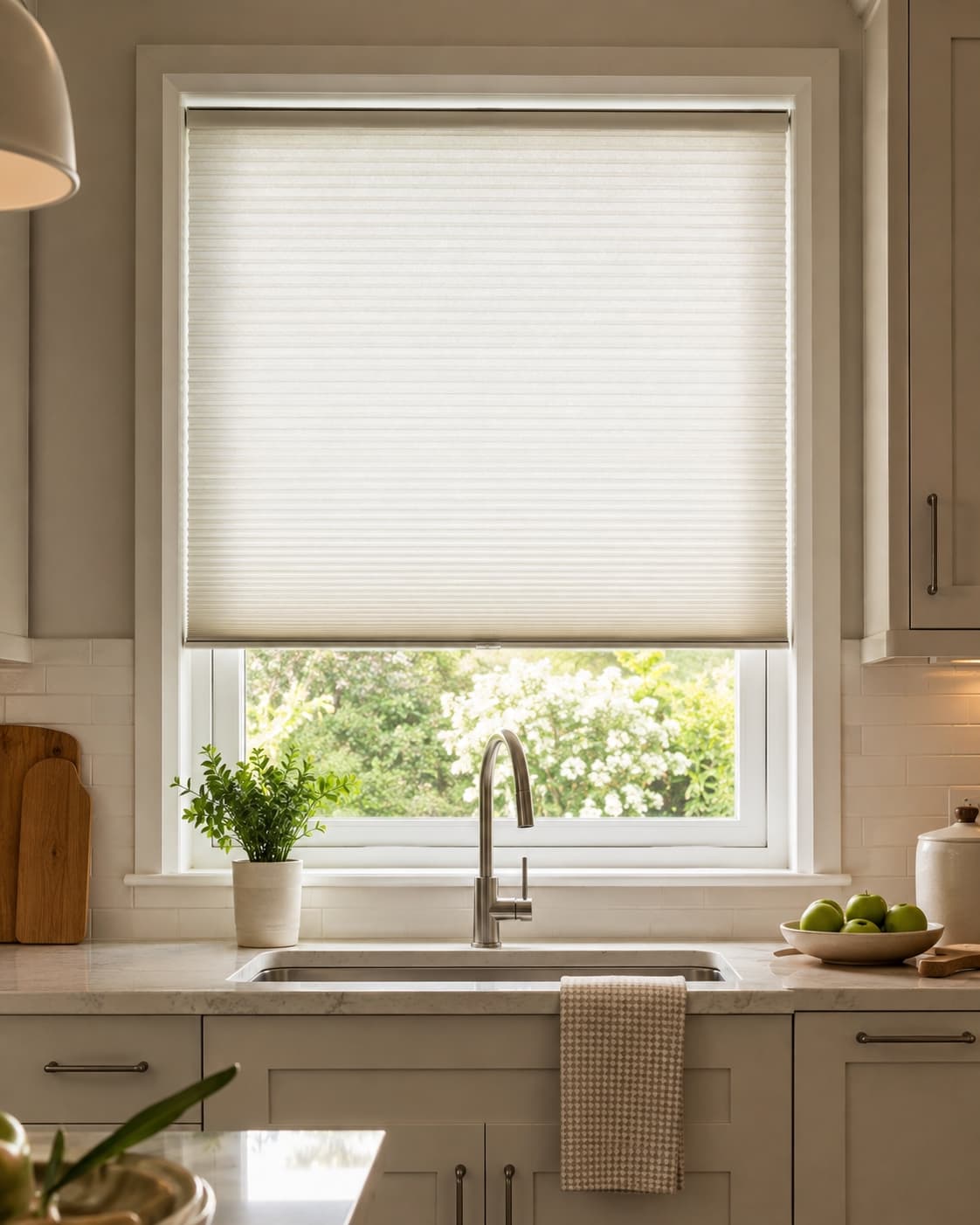 Cellular shade lowered over a kitchen window