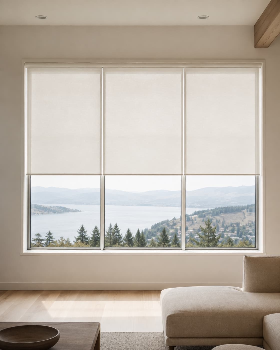 Motorized shades across a wide great-room window