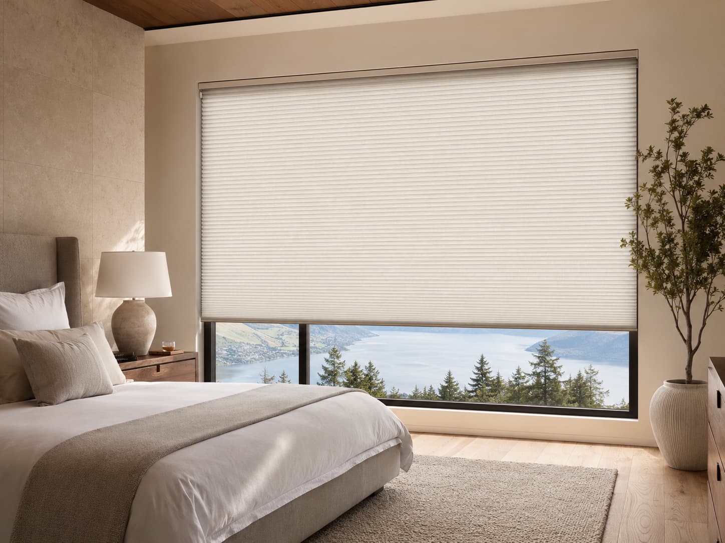Custom blinds detail in a bright modern interior