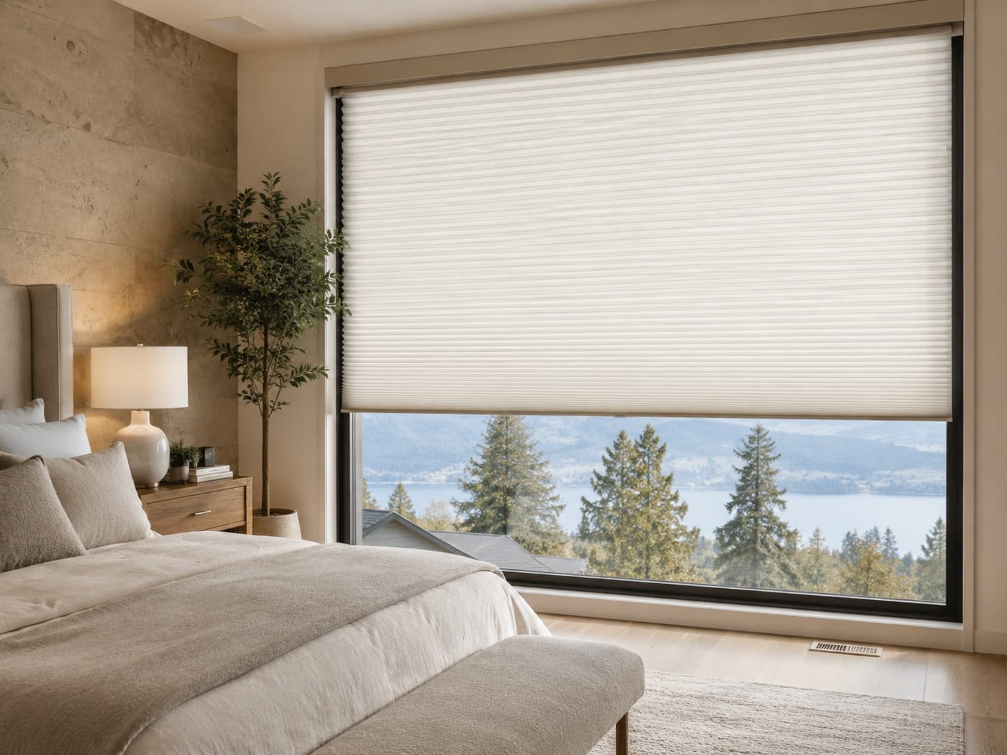 Cellular honeycomb shades lowered over a bedroom window, pleated cells catching the daylight