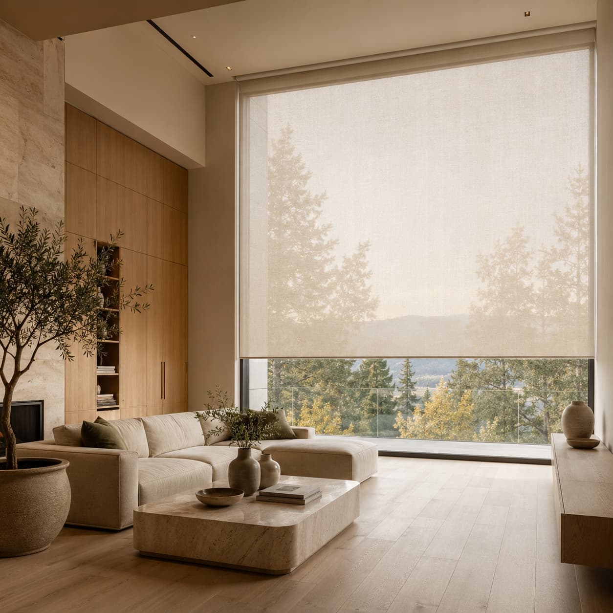 Sunlit Kelowna living room with custom roller blinds filtering the afternoon light
