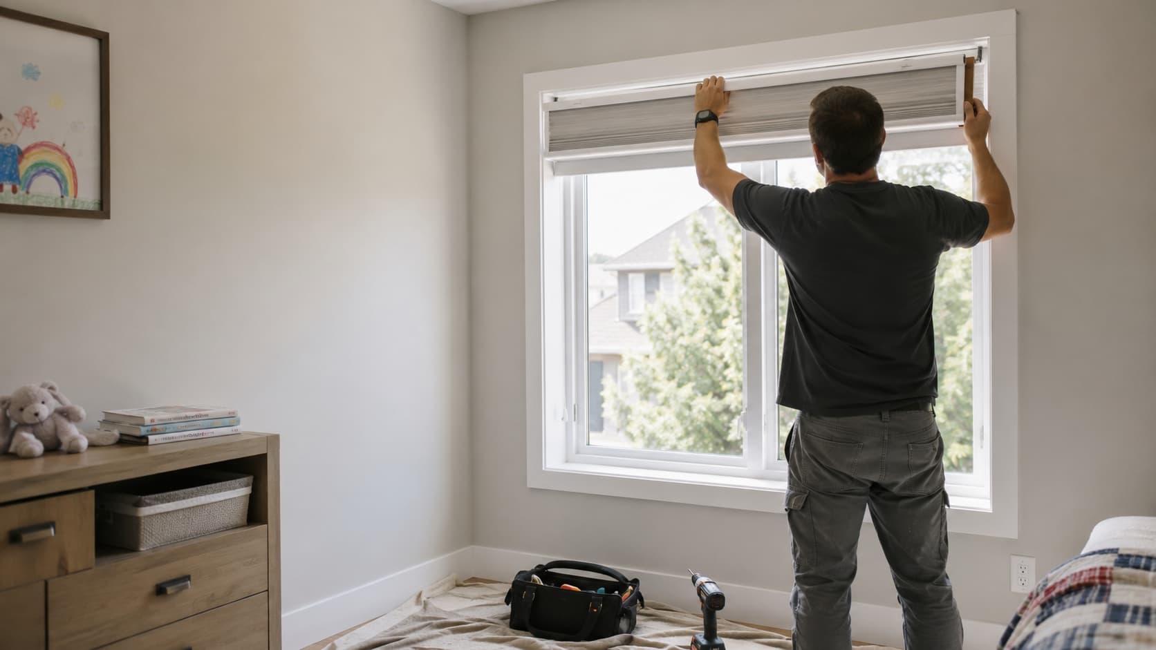 Installer carefully fitting a blind in a family home