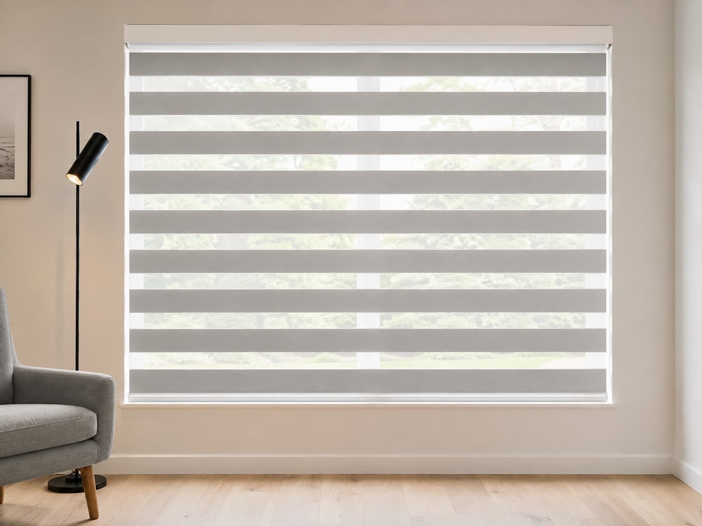 Zebra blind with alternating sheer and solid bands filtering daylight in a living room