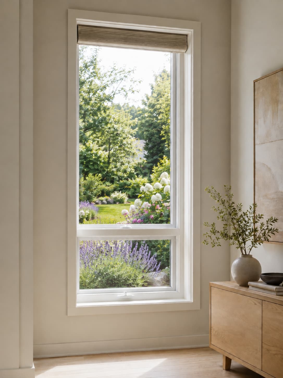 Cellular shade folded into a slim stack at the top of a window
