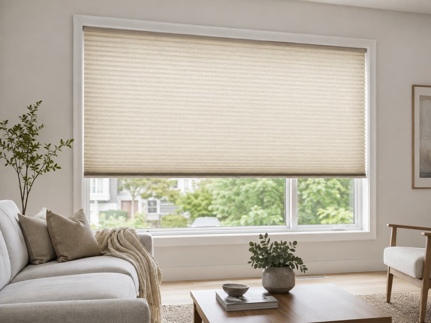 Cellular shade lowered over a bright living-room window