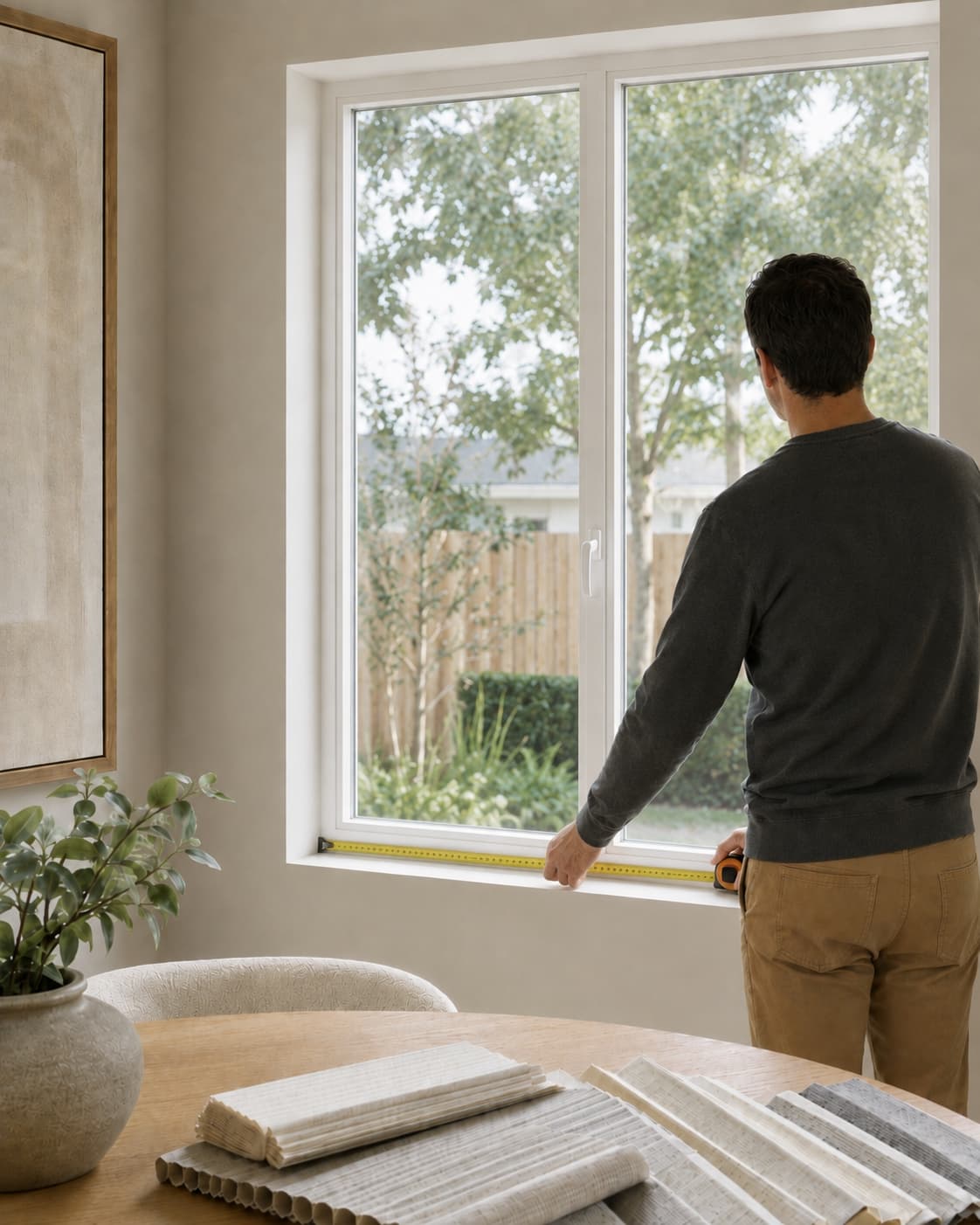 Consultant measuring a window for cellular shades