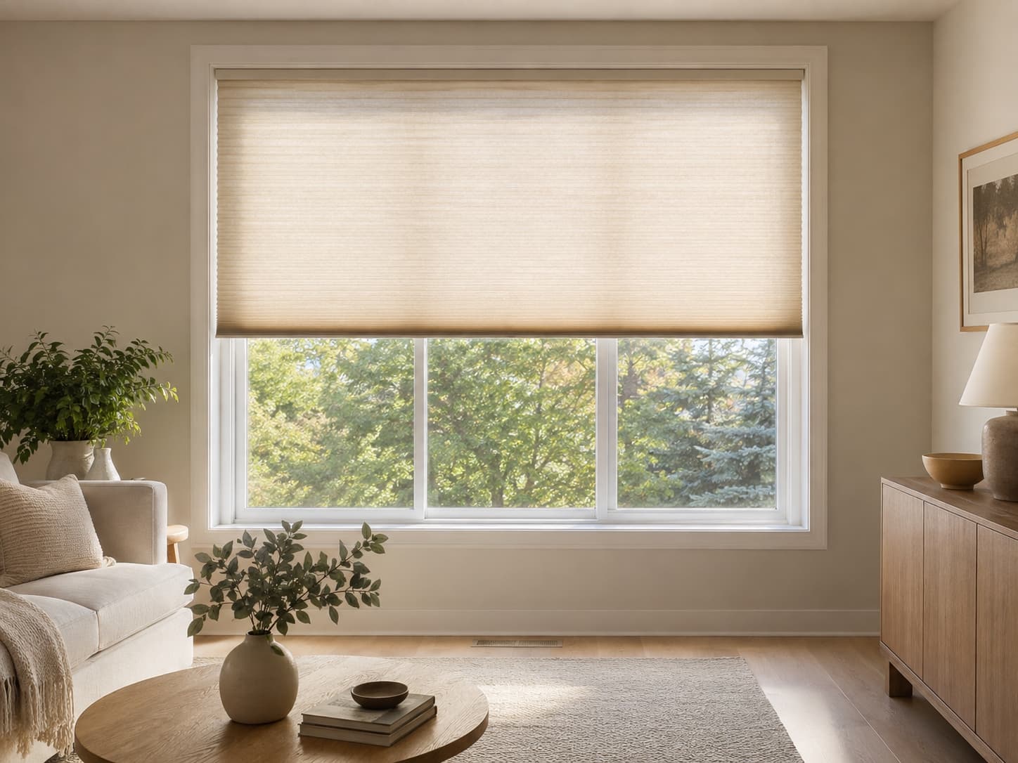 Cellular shade insulating a sunlit window