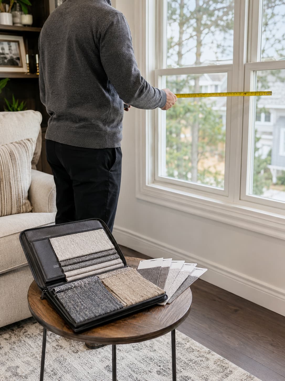 Consultant measuring a window during a home visit