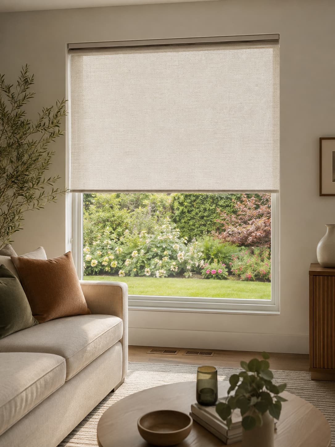 Bright living room with finished custom blinds