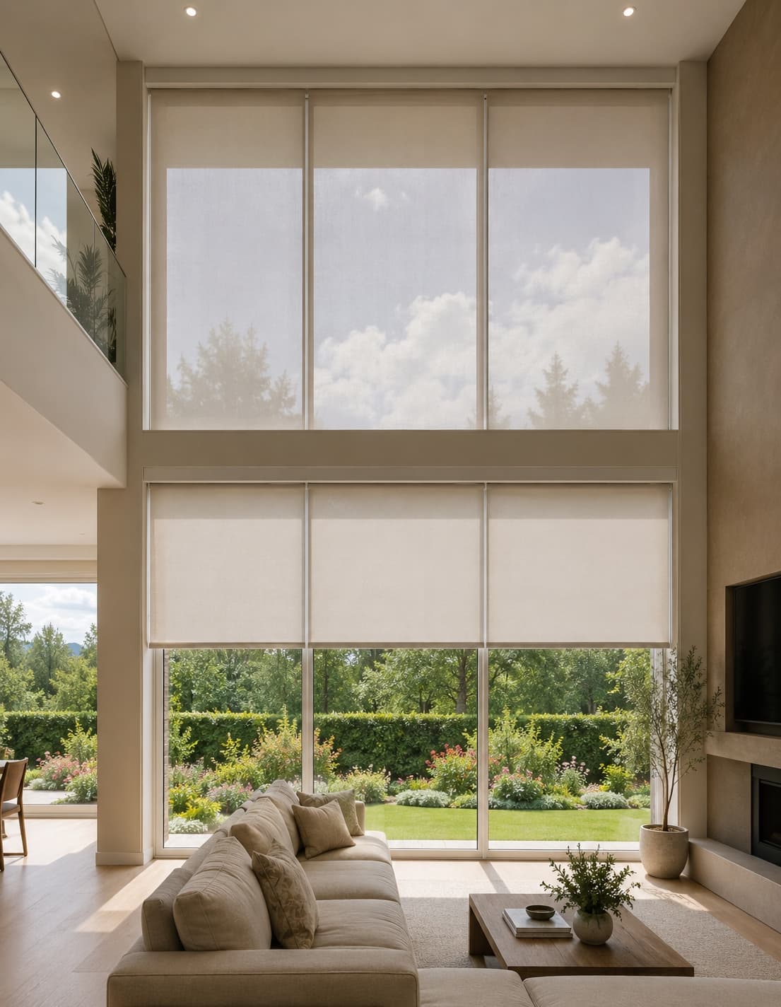 Automated blinds in a double-height living room