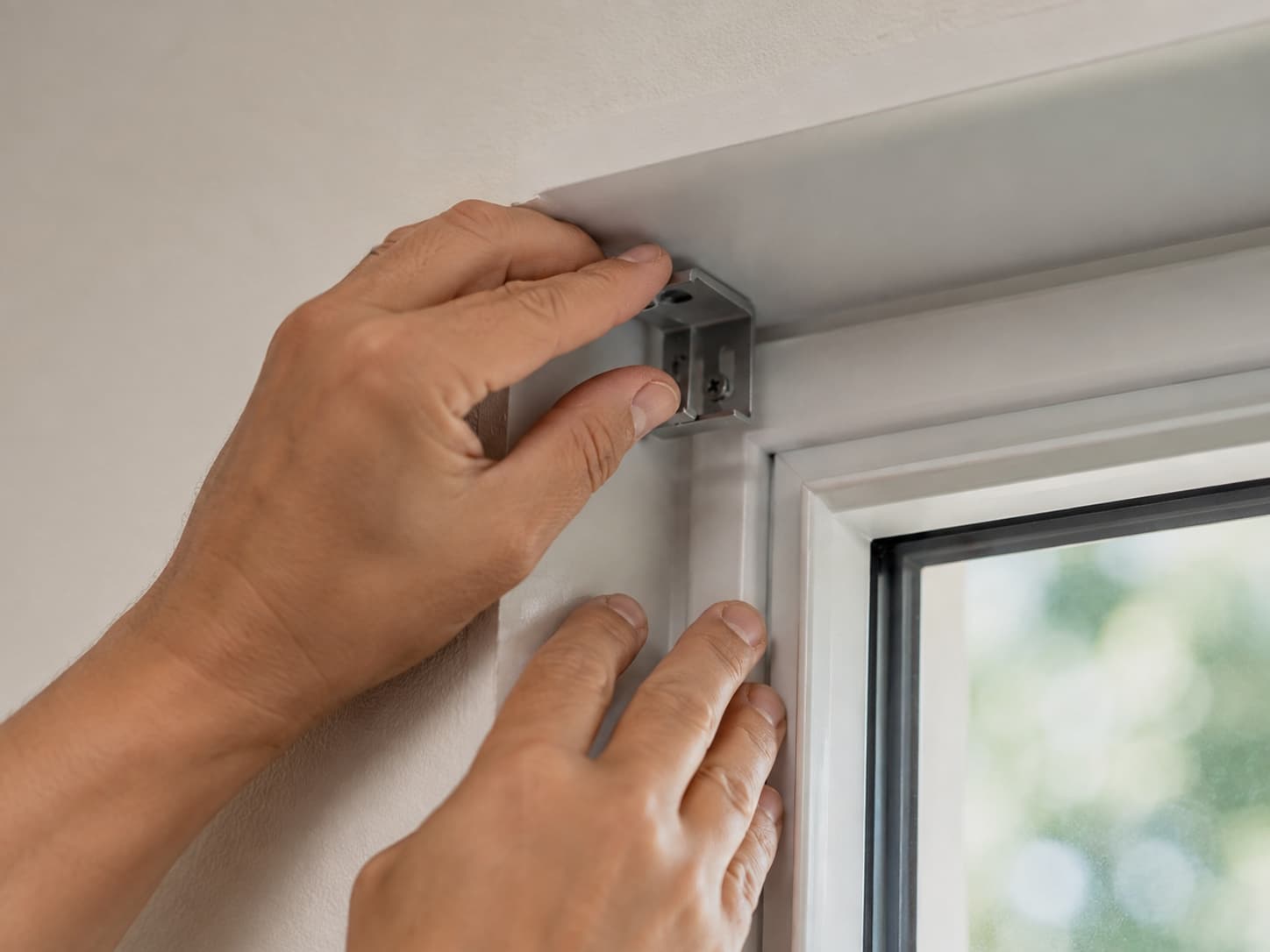 Installer fitting blinds in a bright room