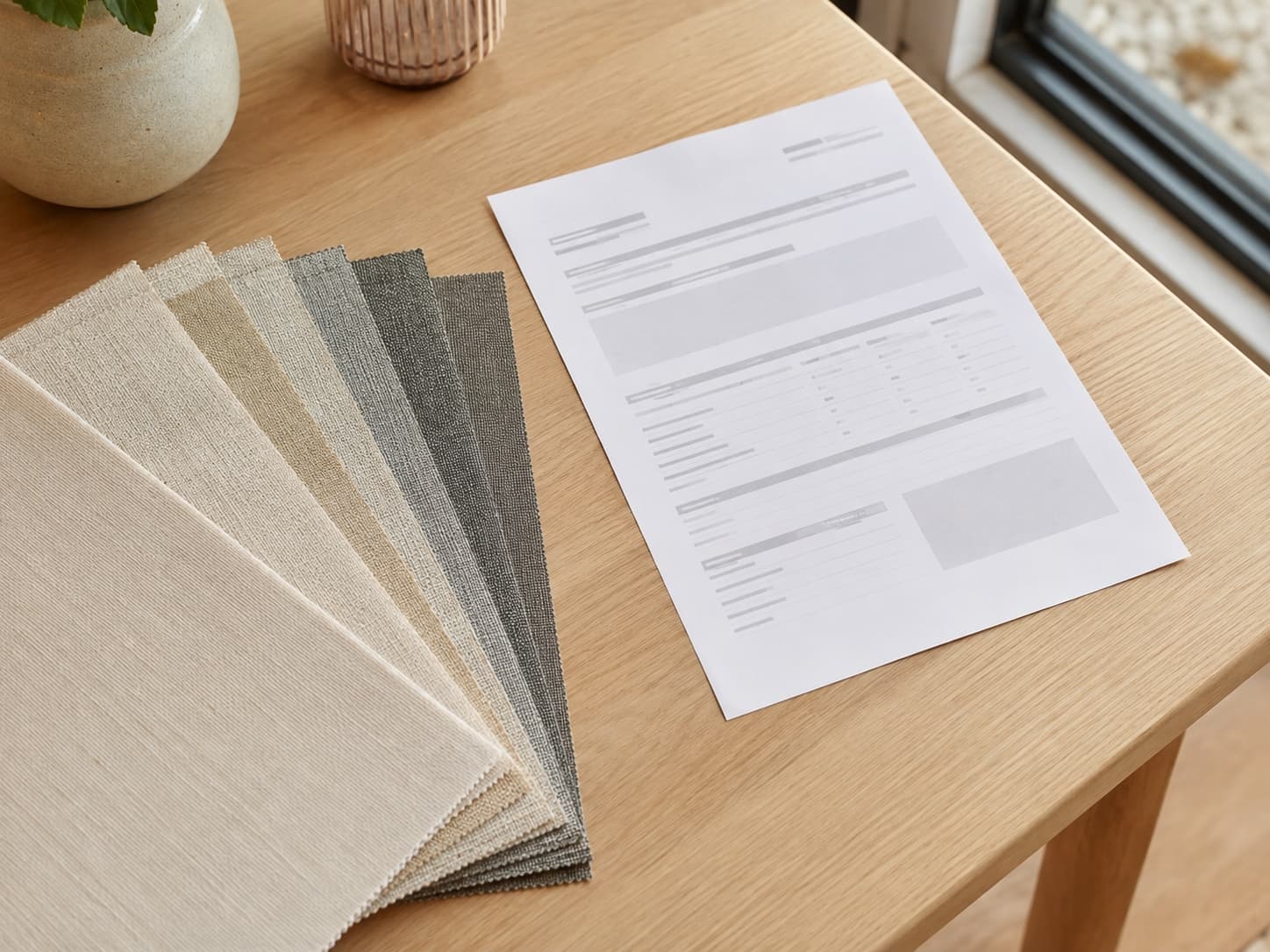 Fabric samples and a written quote on a table