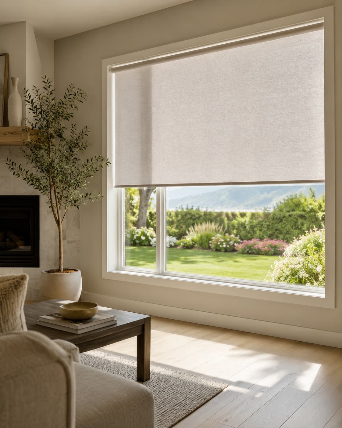 Custom blinds and shades in a bright Okanagan living room