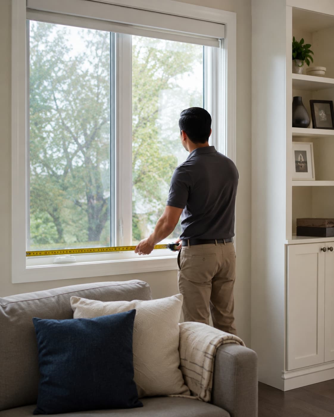 Consultant measuring a window