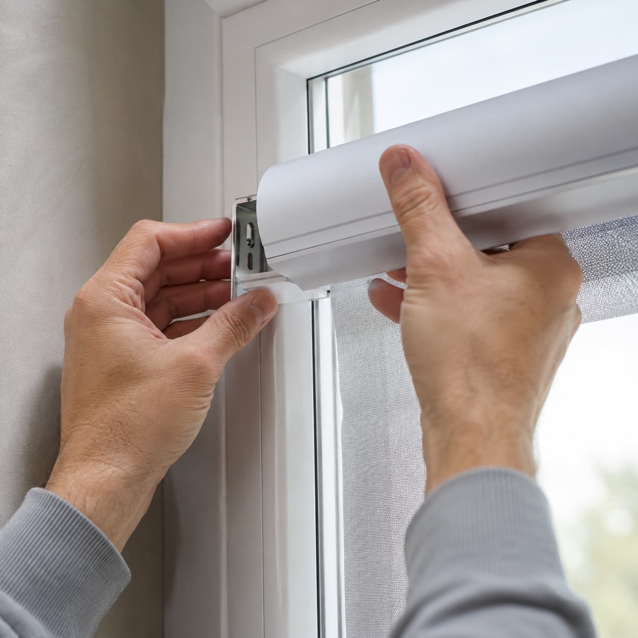 Installer fitting a roller shade