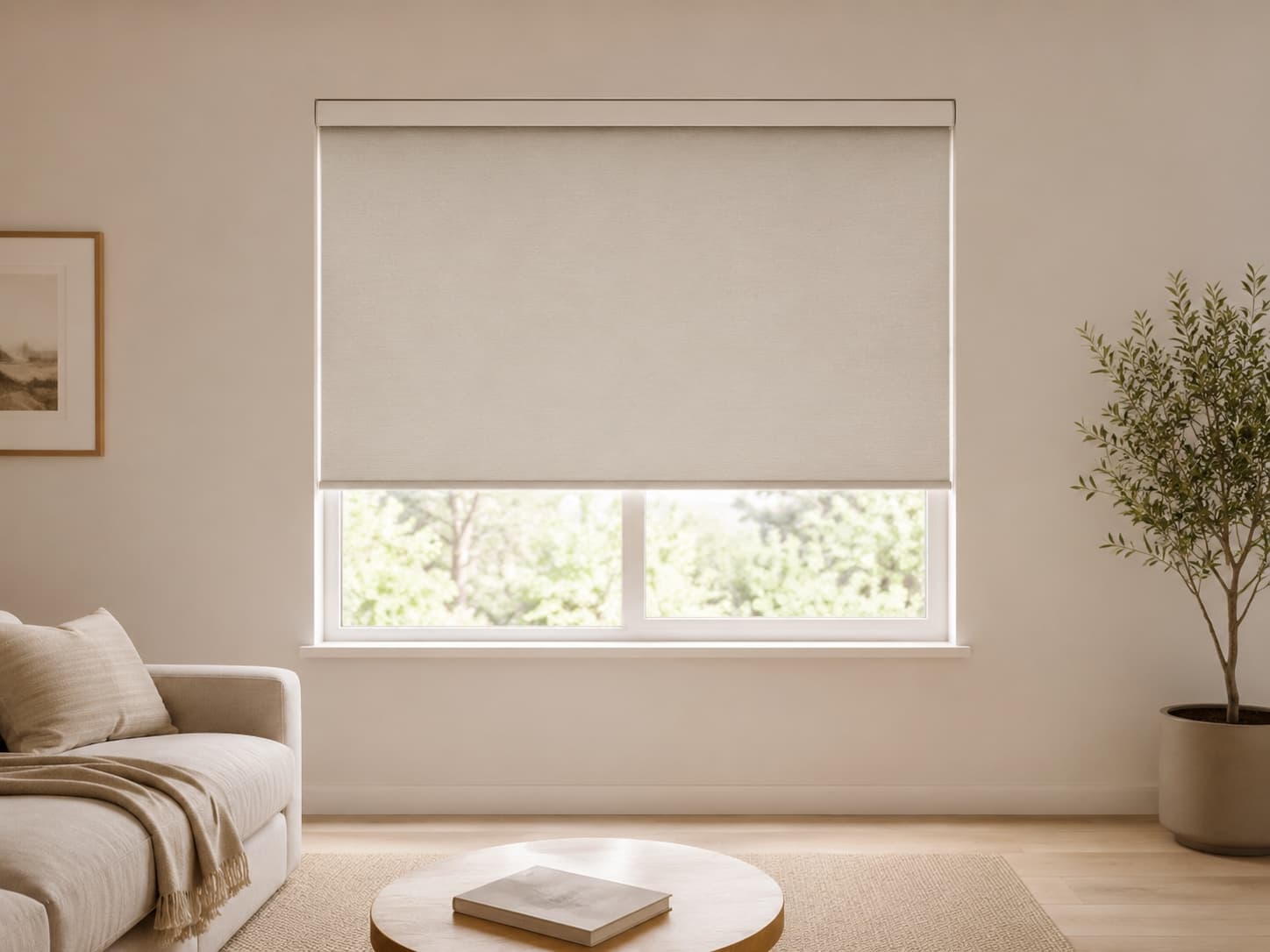 Minimal living room with lowered roller shades