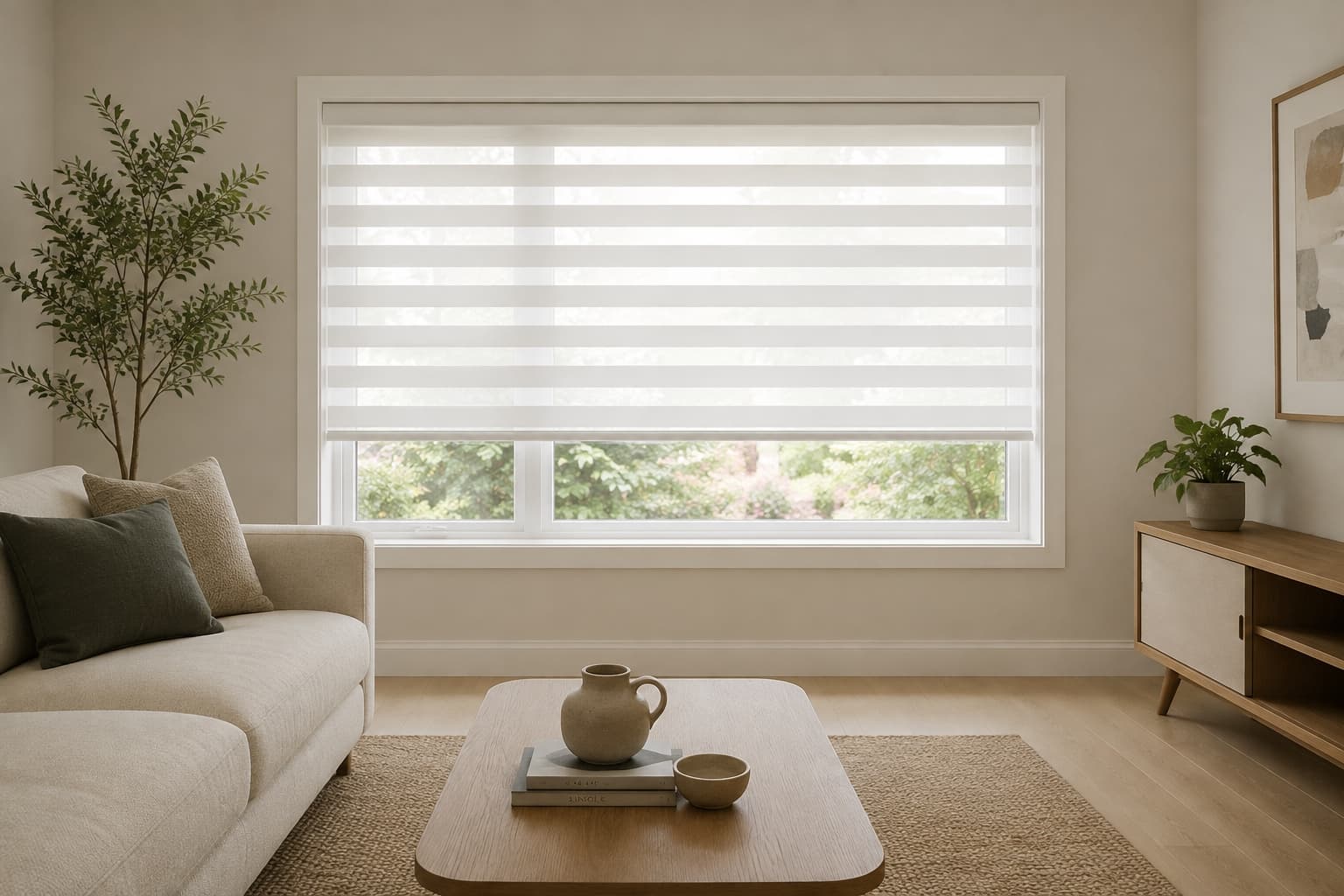 Zebra blinds in a bright living room