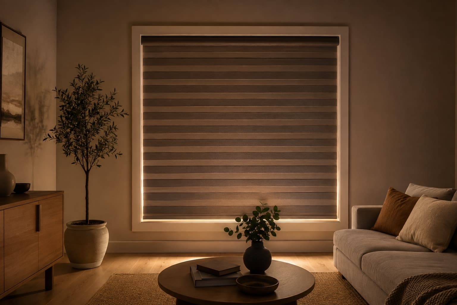 Zebra blinds closed for evening privacy