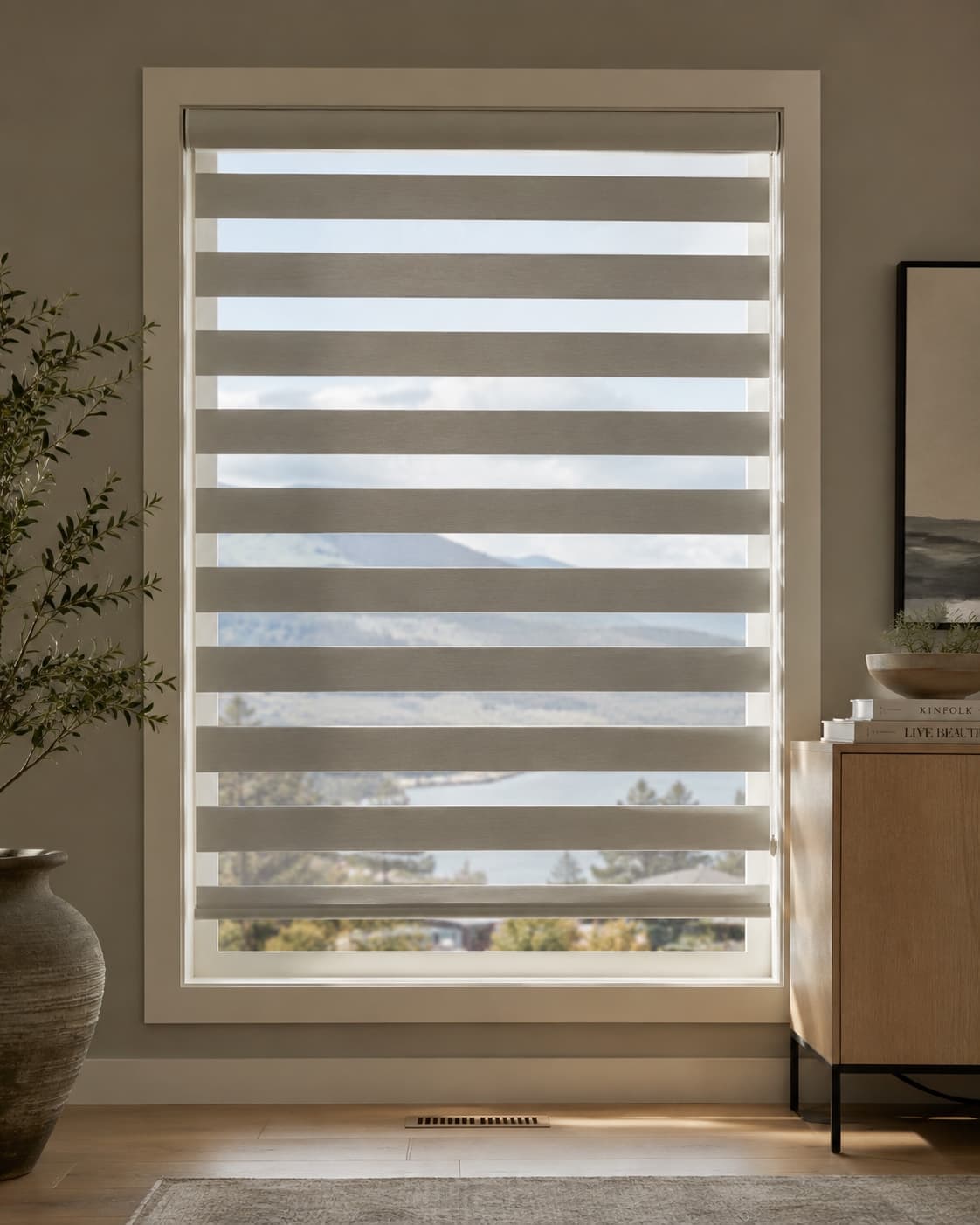 Zebra blinds in an Okanagan hillside home