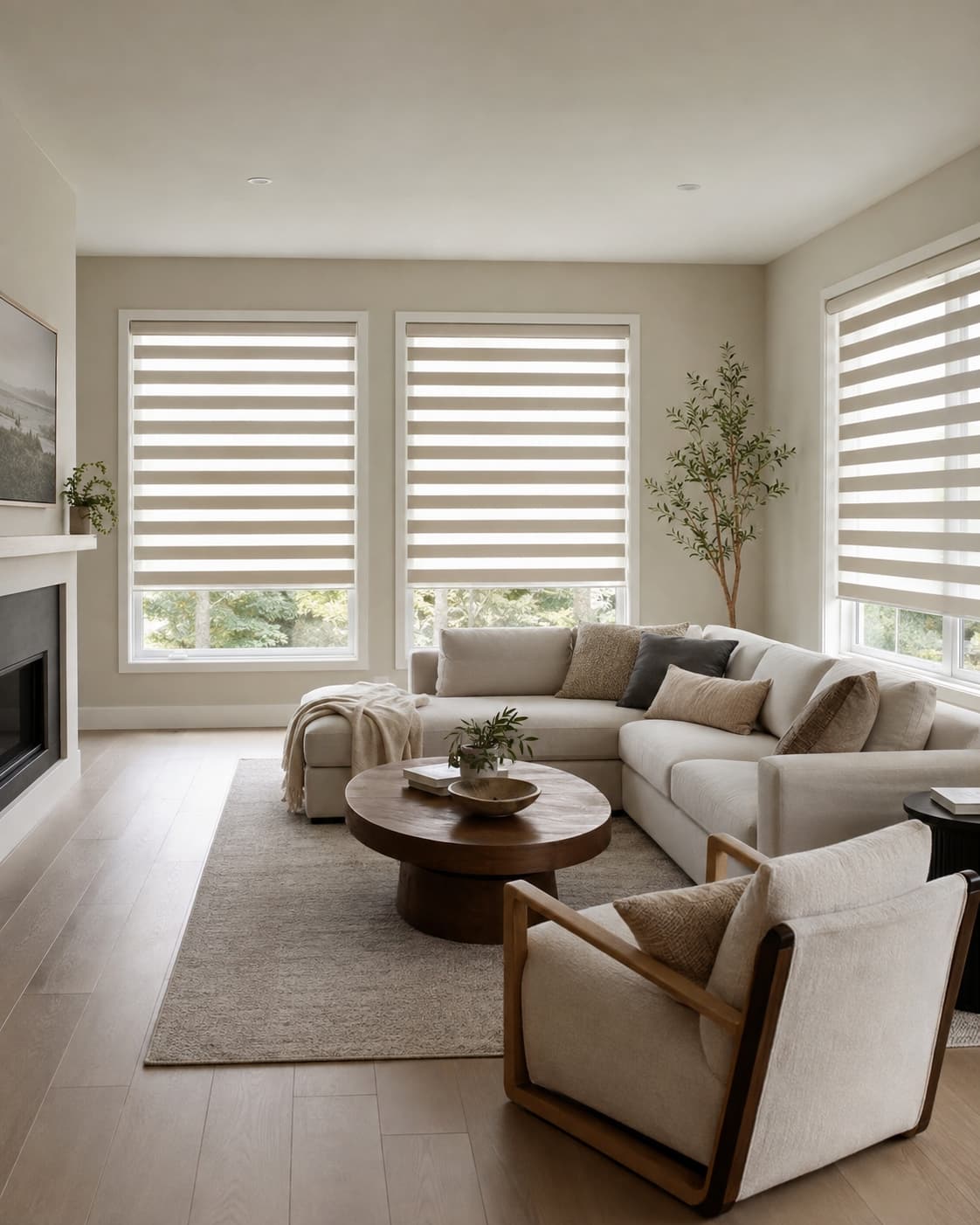 Living room with layered zebra blinds
