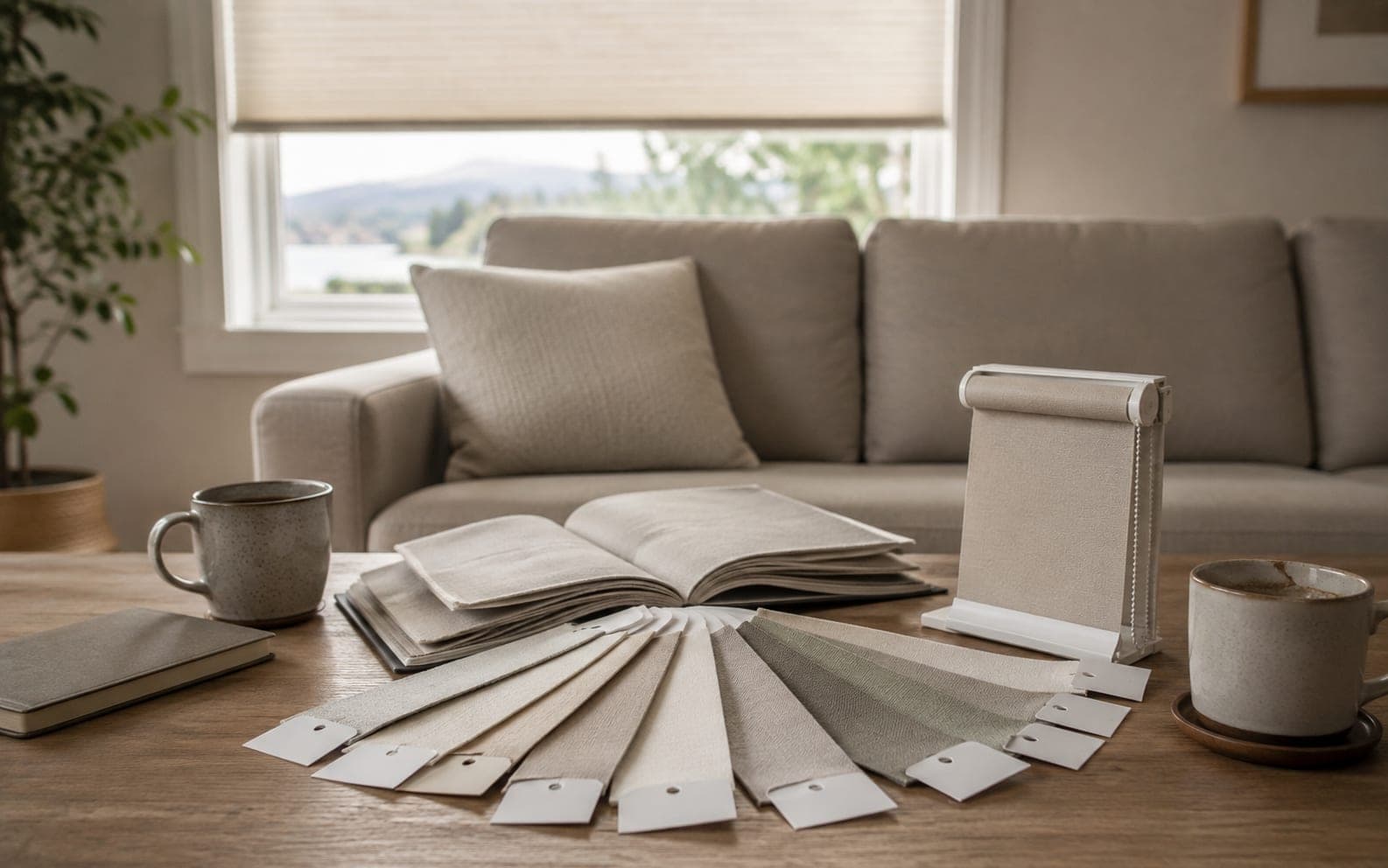Fabric samples and a swatch book on a table in a sunlit living room