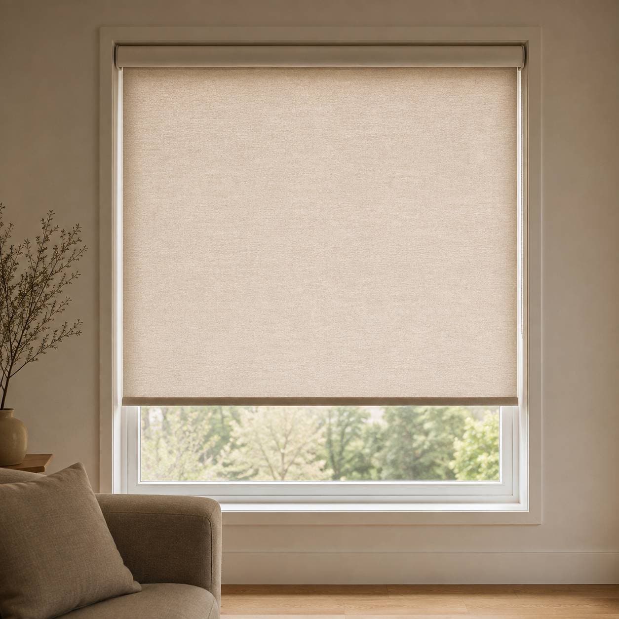 Roller shades in a bright living room