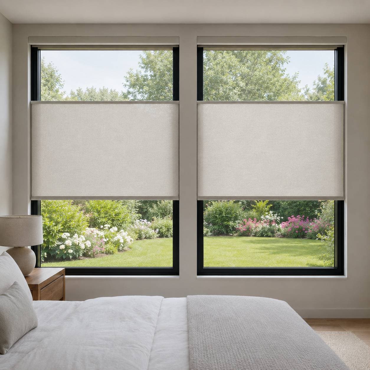 Motorized blinds in a modern bedroom