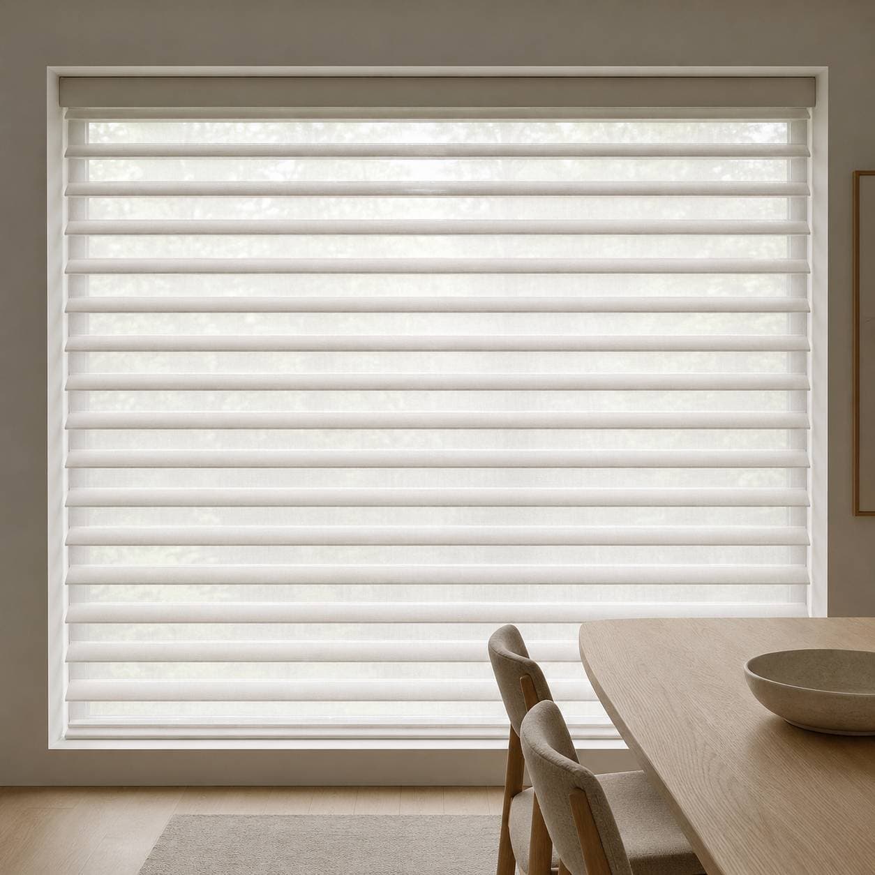 Sheer horizontal shades in a dining room