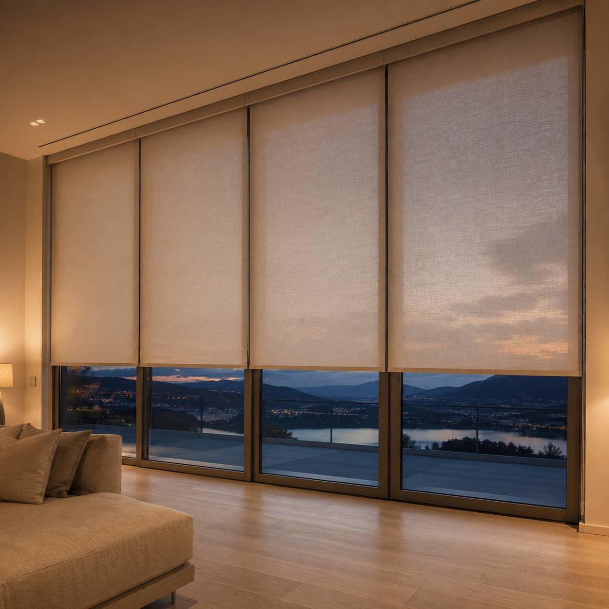 Floor-to-ceiling shades at dusk