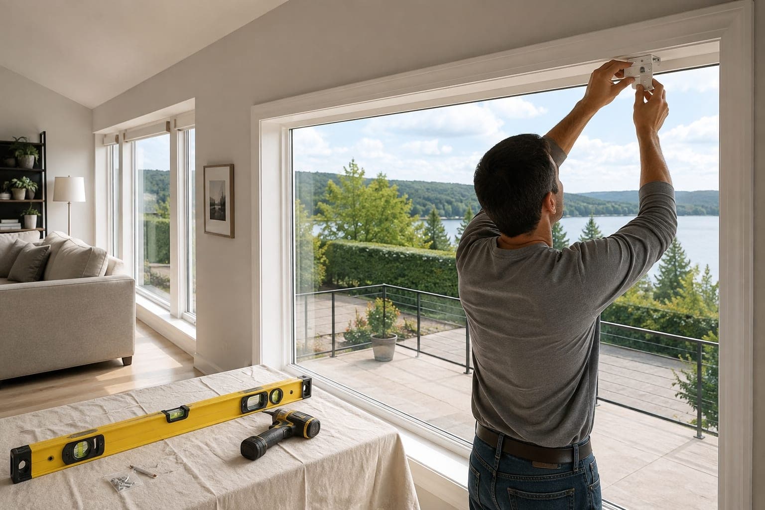 Blinds being fitted on a large living-room window