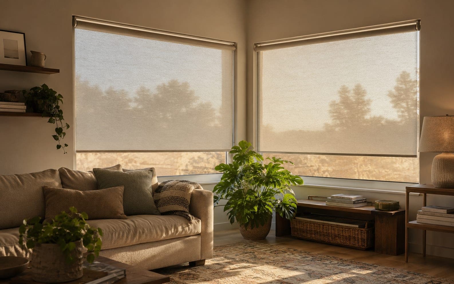 Shades hanging true in a lived-in living room